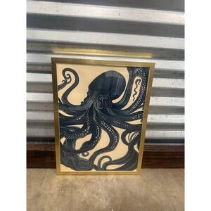 Framed Octopus Wall Art Nautical Coastal Decor Teal Blue Gold Frame Ocean Print